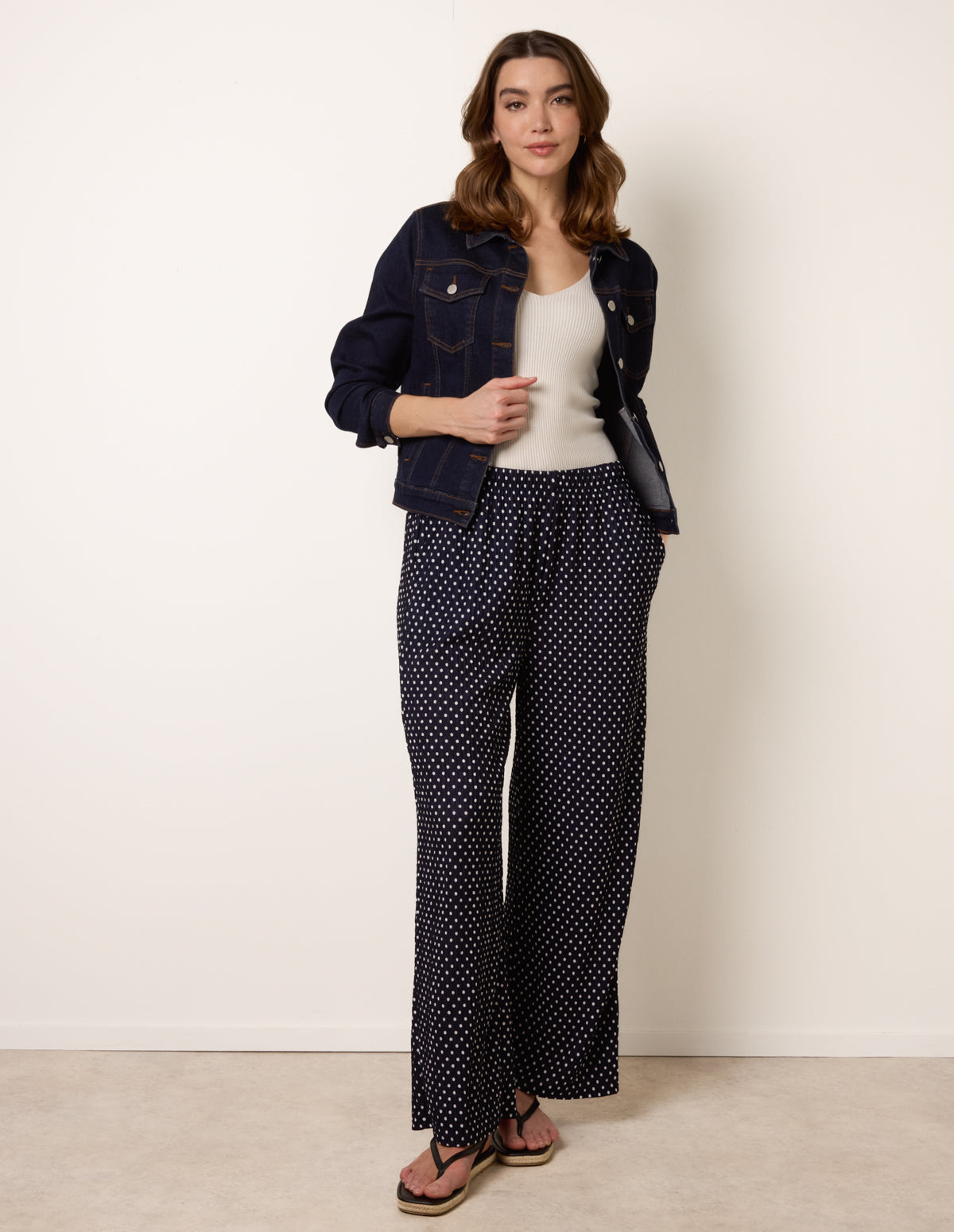 Spot Print Crinkle Wide Leg Trousers