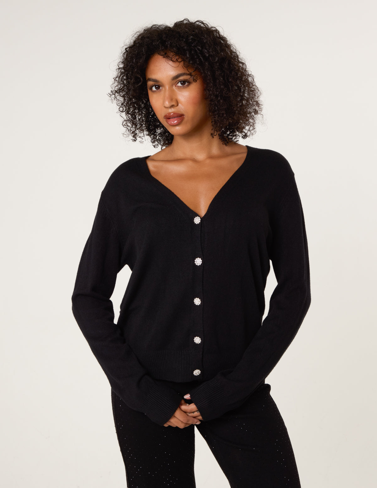 V Neck Diamante Button Cardigan