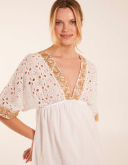 Broderie Anglaise V-Neck Short Sleeve Embellishment Detailing Dress