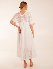 Broderie Anglaise V-Neck Short Sleeve Embellishment Detailing Dress