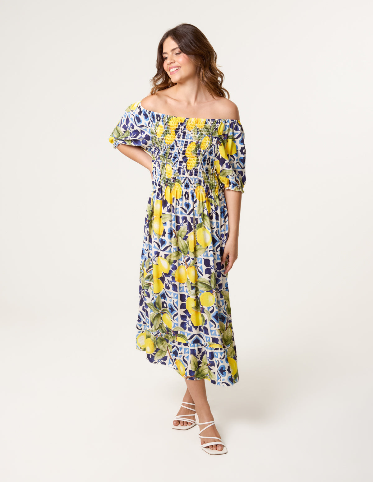 Lemon Print Milkmaid Dress