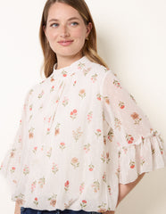 High Neck Frill Sleeve Dobby Floral Print Puffball Blouse