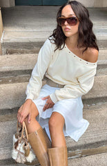 Bambi Cream Asymmetric Neckline Eyelet Sweater