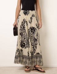 Extra Wide Leg Trousers With Paisley Floral Block Print