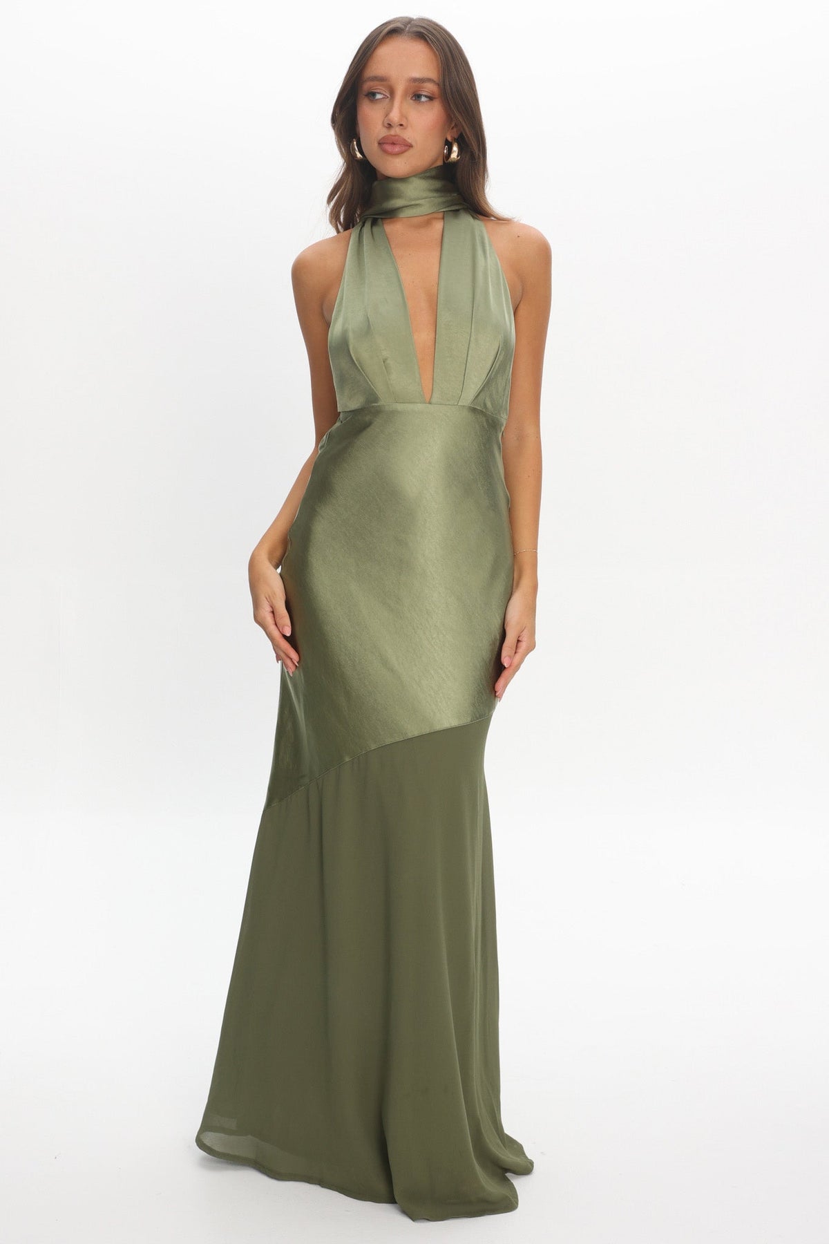 Italia Azure Halterneck Sheer Hem Maxi Dress Olive