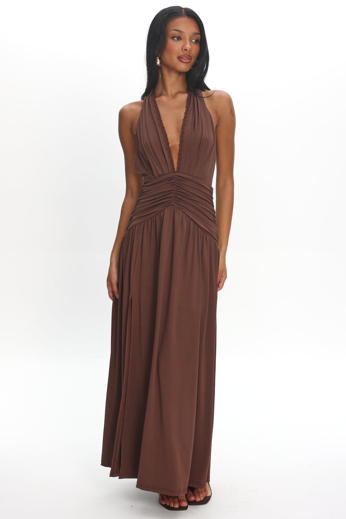 Tanya Halterneck Ruched Maxi Dress Chocolate
