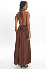 Tanya Halterneck Ruched Maxi Dress Chocolate