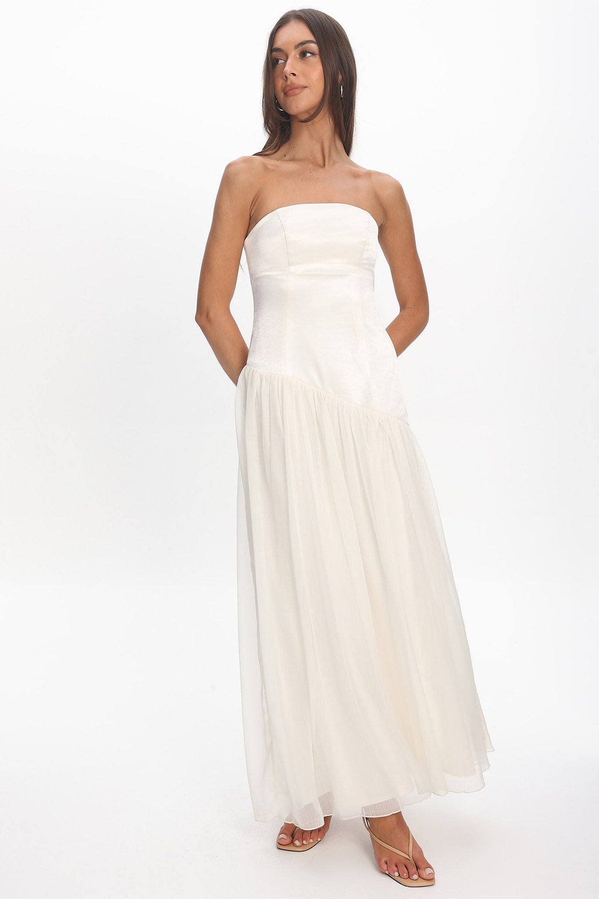 Karielle Asymmetric Drop Waist Maxi Dress Ivory