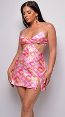 Let's Run Away Pink Abstract Print Satin Dress