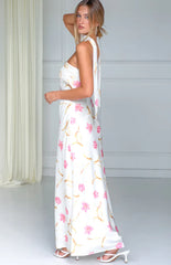 Icelynn Cream Floral Print Strapless Satin Maxi Dress
