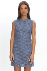 Alvena Crochet Lace Shift Dress Sequin Light Blue