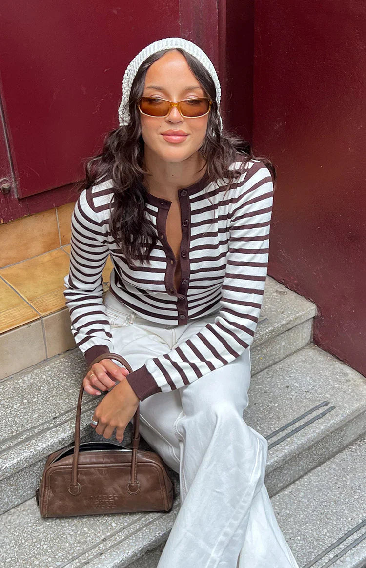 Lottie Chocolate Stripe Round Neck Cardigan