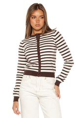 Lottie Chocolate Stripe Round Neck Cardigan
