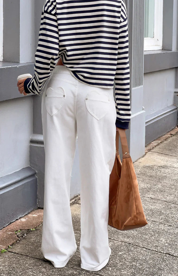 Lovers Lane White Denim Heart Pocket Slouchy Jeans