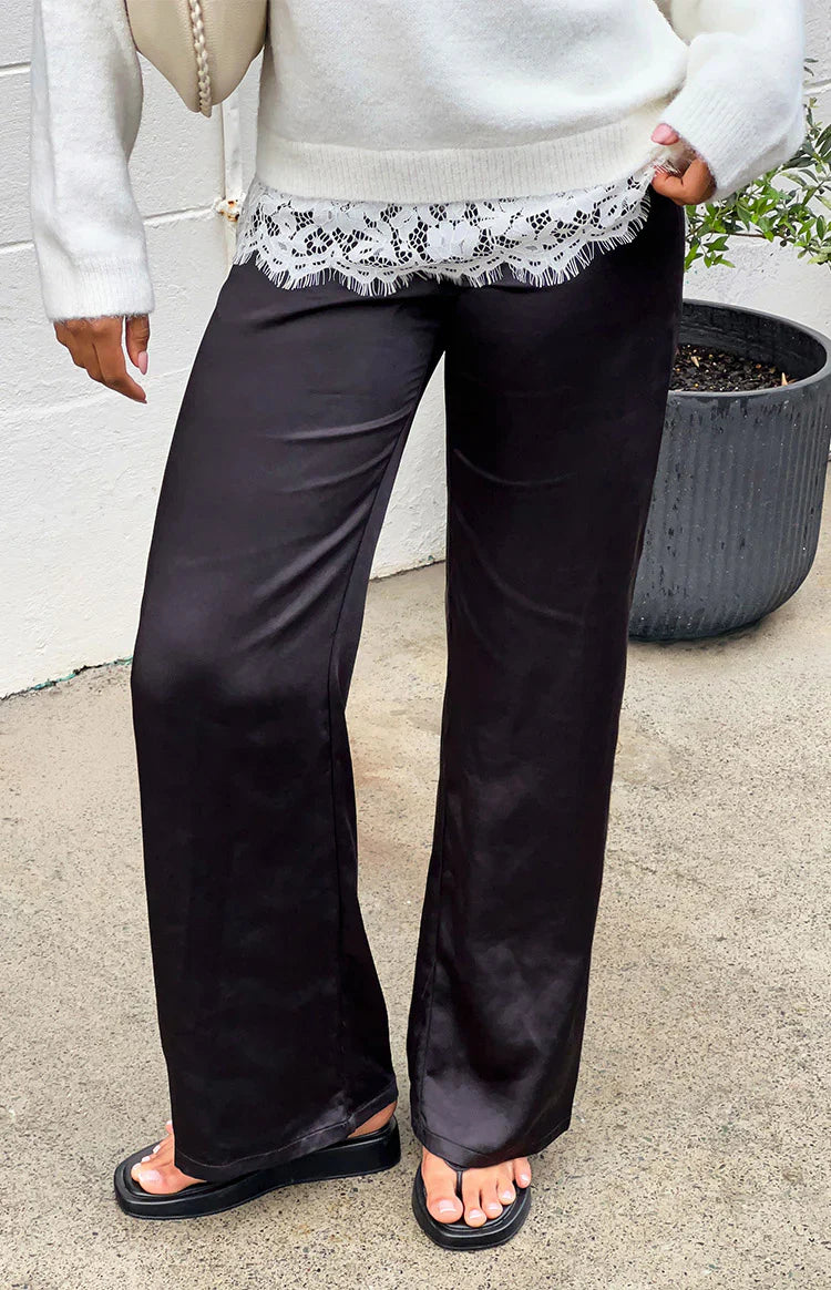 Orla Black Satin Straight Leg Pants