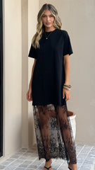 Adora T-Shirt Maxi Dress - Black Lace