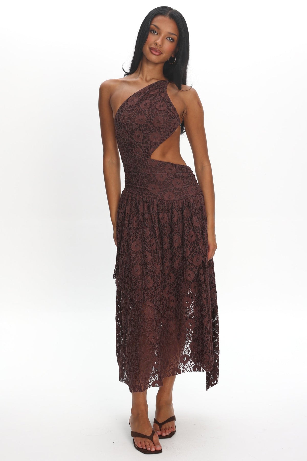 Call Back Cut-Out Waist Midi Dress Lace Chocolate
