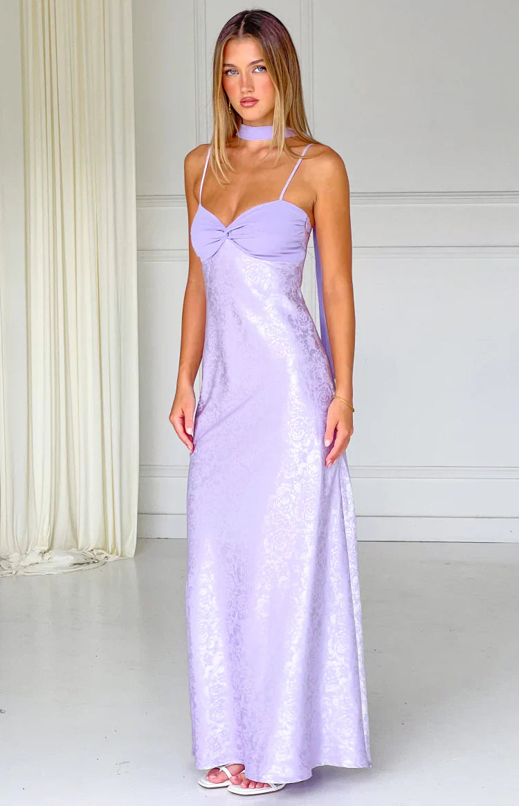 Ruthie Lilac Floral Satin Scarf Maxi Dress