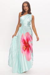 Amelie One-Shoulder Accordion Pleat Maxi Dress Hibiscus Mint