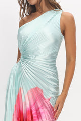 Amelie One-Shoulder Accordion Pleat Maxi Dress Hibiscus Mint