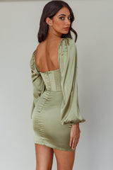 Au Revoir Long Sleeve Satin Mini Dress Sage
