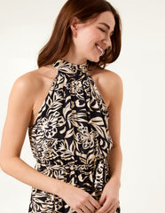 Tropical Print Halter Neck Belted Waist Midi Dress
