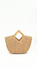 Sandra Faux Straw Wood Handle Tote Bag - Beige