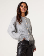 Diamante Sequin Brochure Button Front Cardigan