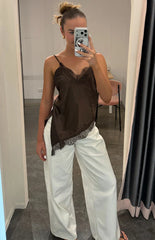 Ziva Brown Satin Lace Asymmetrical Top - PRE ORDER