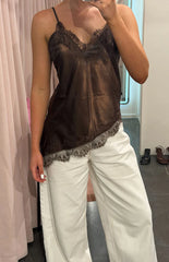 Ziva Brown Satin Lace Asymmetrical Top - PRE ORDER