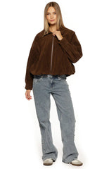 Brookie Brown Suedette Cuff Sleeve Bomber Jacket