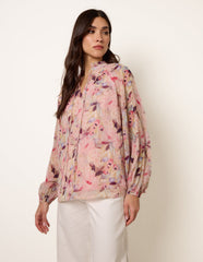 Watercolour Floral Printed Tie Front Blouse