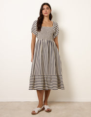 Square Neck Puff Sleeve Stripe Midi Dress