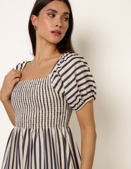 Square Neck Puff Sleeve Stripe Midi Dress