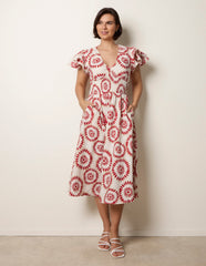 V Neck Frill Sleeve Printed Midi Dress