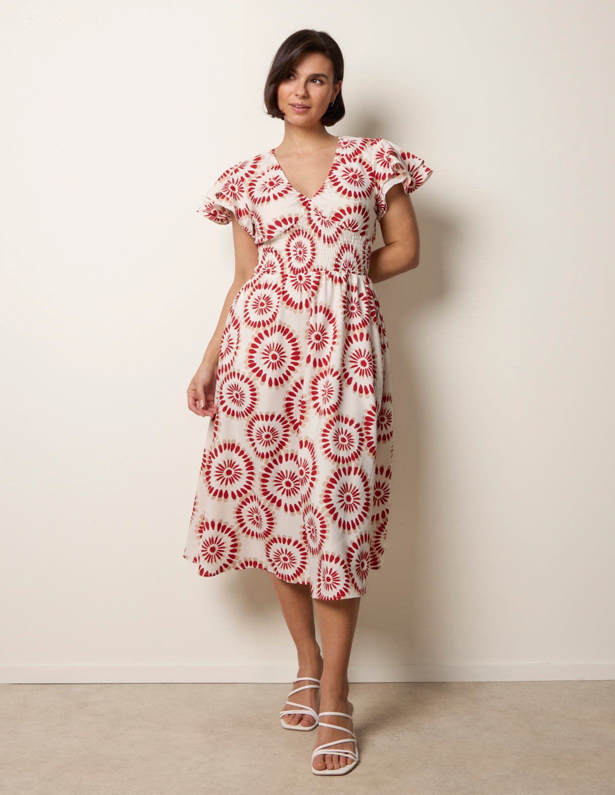V Neck Frill Sleeve Printed Midi Dress