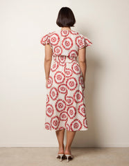 V Neck Frill Sleeve Printed Midi Dress