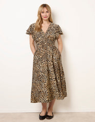 Animal Double Frill Shirred Waist Midi Dress