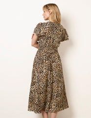 Animal Double Frill Shirred Waist Midi Dress