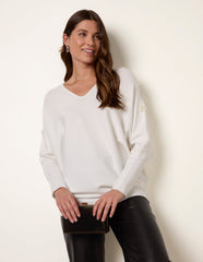 V-Neck Batwing Shoulder Pearl Detailing Jumper