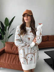 Smiley Polar Bear Knit Sweater Dress - White
