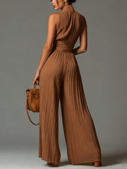 ESSENTIAL - Zsófia Jumpsuit | Brown Pleated Chiffon