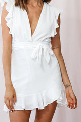 Best Life Ruffle Shoulder Keyhole Back Dress White