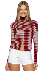Poppi Burgundy Stripe Double Zip Sweater