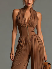 Zsófia Jumpsuit | Brown Pleated Chiffon • S2