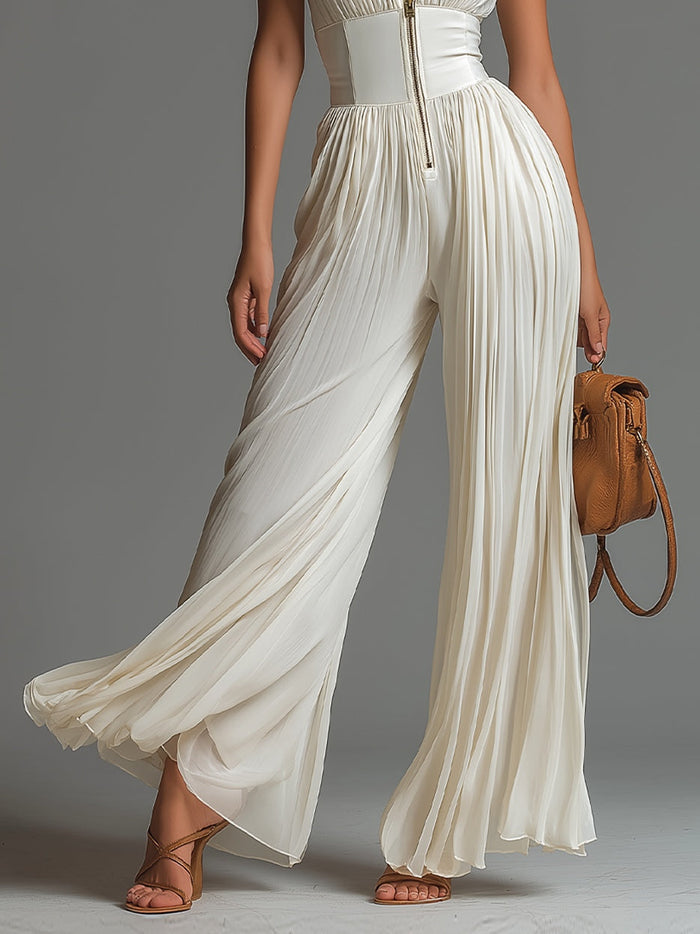Zsófia Jumpsuit – White Pleated Chiffon • S2